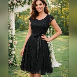 Elegant Black Lace Dress. Size L Petite
